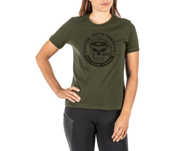 5.11 WOMEN'S COFFEE THEN CONQUER S/S TEE, MILITARY GREEN